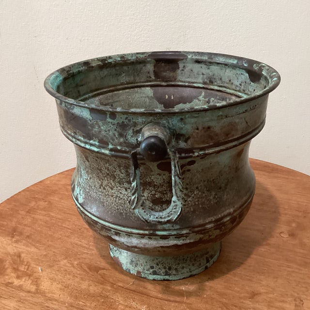 Vintage Rustic Brass Jardiniere Pot/ Planter with Verdigris patination throughout.