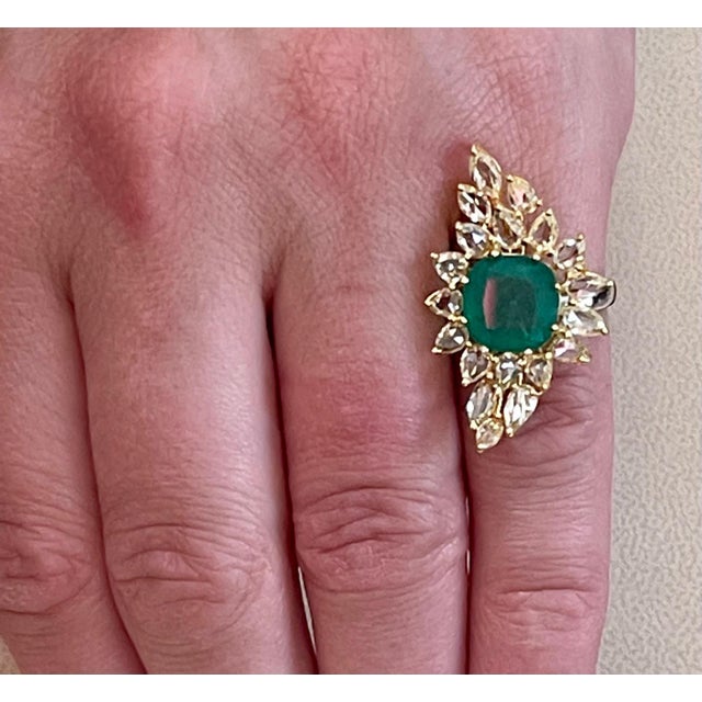 A classic, Cocktail ring 5.82 Carat Natural Cushion Cut Colombian Emerald & 3 Ct Rose cut Yellow Dimond Ring in 18 Karat...