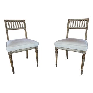 Pair of Antique Gustavian Style Open Back Chairs With Diamond Pattern Upholstery For Sale