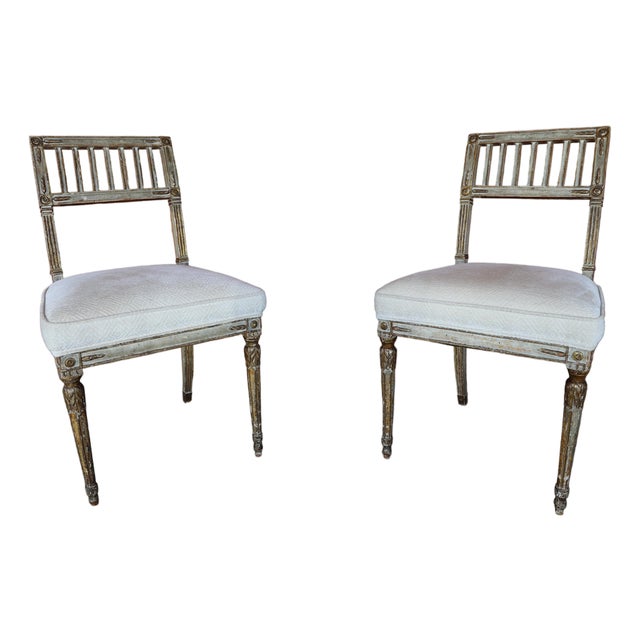 Pair of Antique Gustavian Style Open Back Chairs With Diamond Pattern Upholstery For Sale