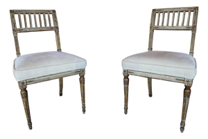 Pair of Antique Gustavian Style Open Back Chairs With Diamond Pattern Upholstery