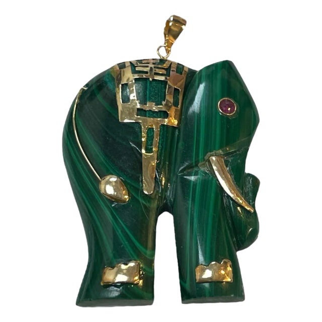 1960s 14k Gold Malachite Elephant Pendant With Ruby Eye For Sale