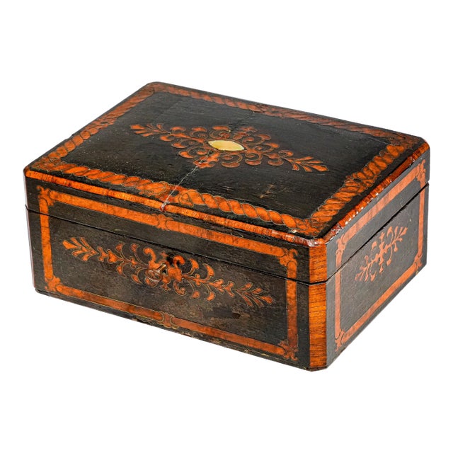 Beautiful Antique Victorian Lacquered Music Box Case Decorative Inlaid Wooden Box W/ Key European Home Decor For Sale