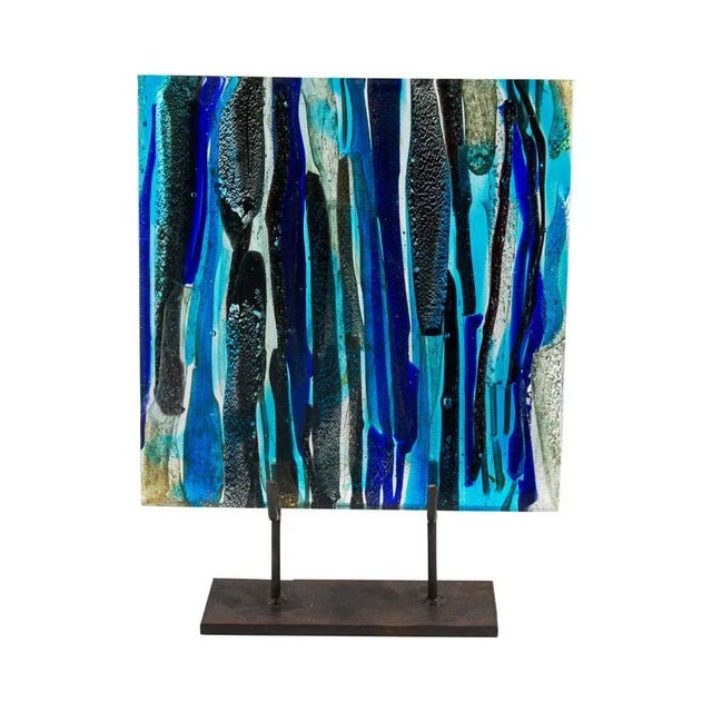 “Piastra” a unique glass block sculpture on a metal pedestal by Leonardo Cimolin executed in Murano for the Berengo...