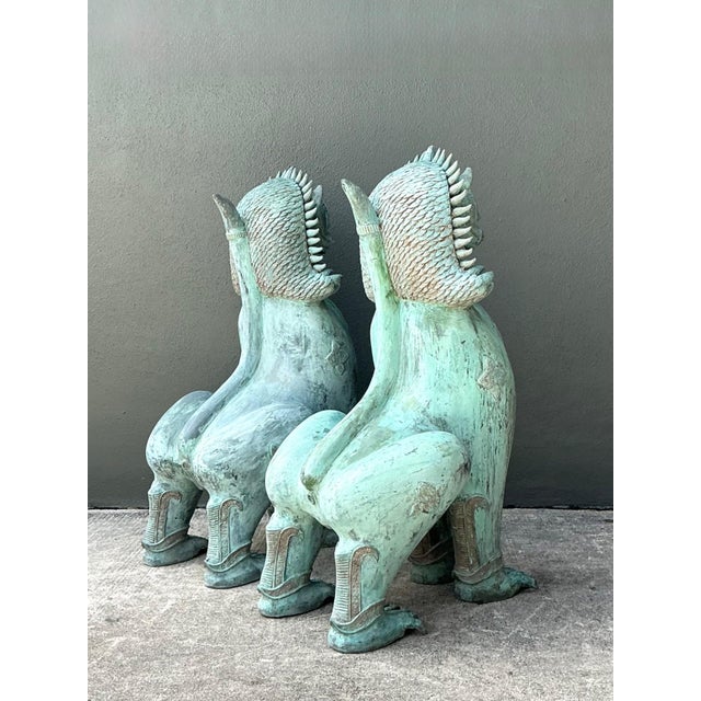 Vintage Verdigris Bronze Temple Lions - A Pair For Sale - Image 14 of 17