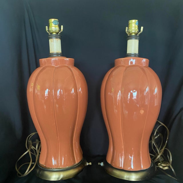 vintage pair of working salmon or dusty peach ginger jar ceramic table lamps featuring Leviton electrical parts. Style:...