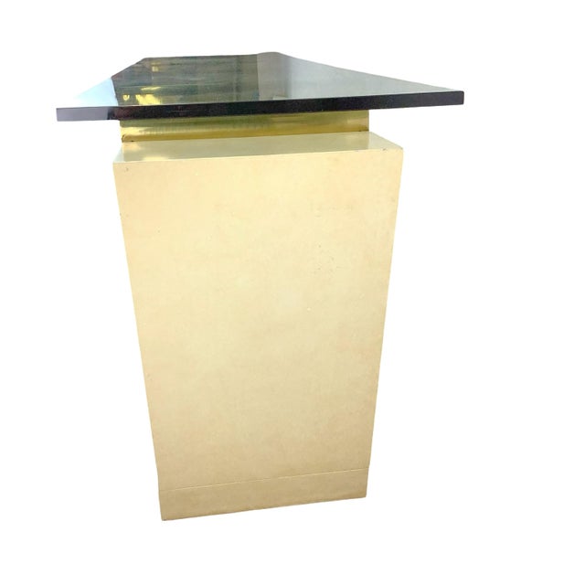 Vintage Modern Parchment-Style Console Table With Glass Top and Brass Accents For Sale - Image 12 of 18