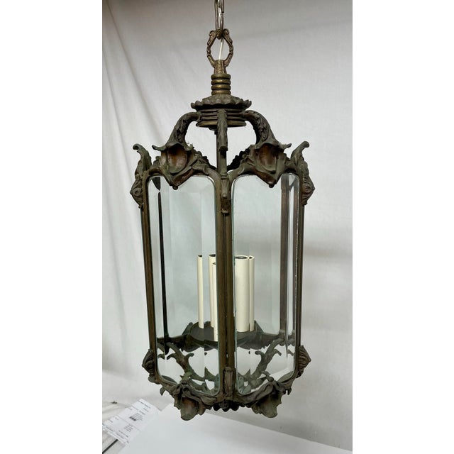 Glass Antique Bronze and Beveled Glass Pendant For Sale - Image 7 of 12
