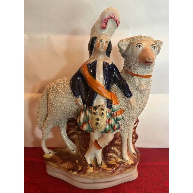 Pair of Rare Antique Staffordshire Flatback Figurines, Depicting Pastoral Highland Nobles with Giant Sheep. Circa 1860...