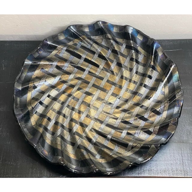 Very unique art glass tray/low bowl with waveform undulations;; silver, black, and gold basket weave pattern; and dichroic...