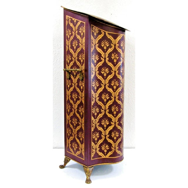 Antique Tall Decorative Tôleware Coal Scuttle Burgundy and Gold Damask Pattern For Sale In Miami - Image 6 of 16