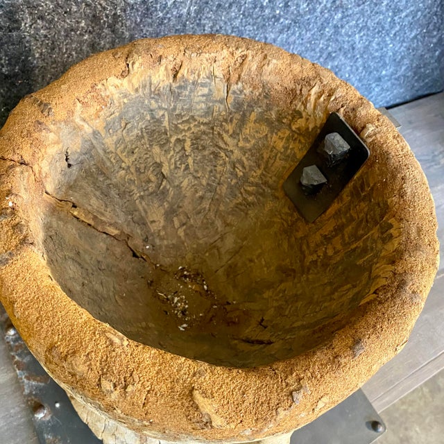 Rustic Antique Hand Carved Wood Mortar on Display Stand For Sale - Image 3 of 17