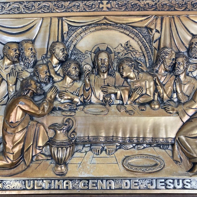 Brass VTG Wall Art Religious Last Supper Ultima Cena De Jesus Raised 3d Metal Framed For Sale - Image 8 of 9