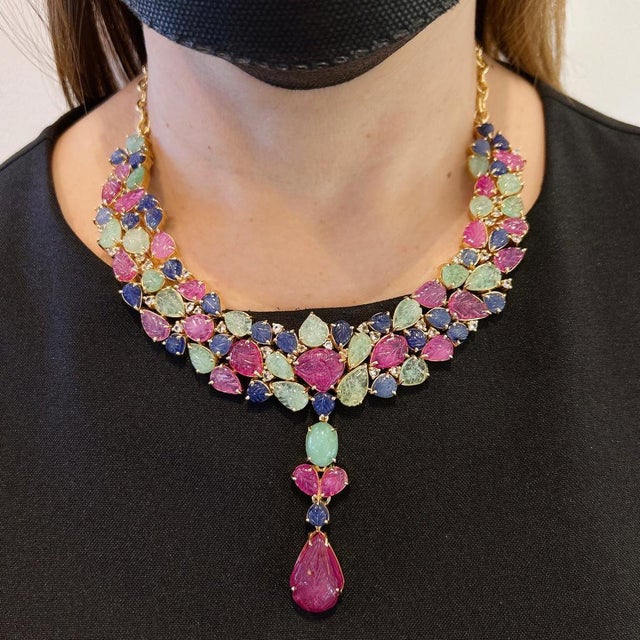 Bochic "Capri" Vintage Ruby, Emerald & Sapphire Necklace - 18K Gold & Silver For Sale - Image 18 of 18