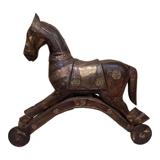 Turn-of-the-Century European Wooden Toy Horse on Wheels With Brass & Copper Inlay For Sale