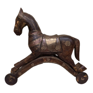 Turn-of-the-Century European Wooden Toy Horse on Wheels With Brass & Copper Inlay