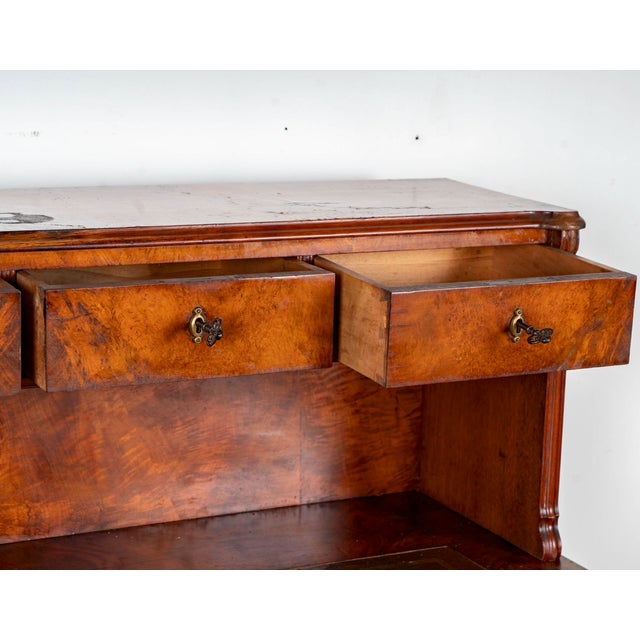 Continental English Regency Revival Flame Burl Walnut Partner’s Desk With Gallery Back, Locking Drawers & Cabinet Pedestals 1920–1940 For Sale - Image 11 of 13