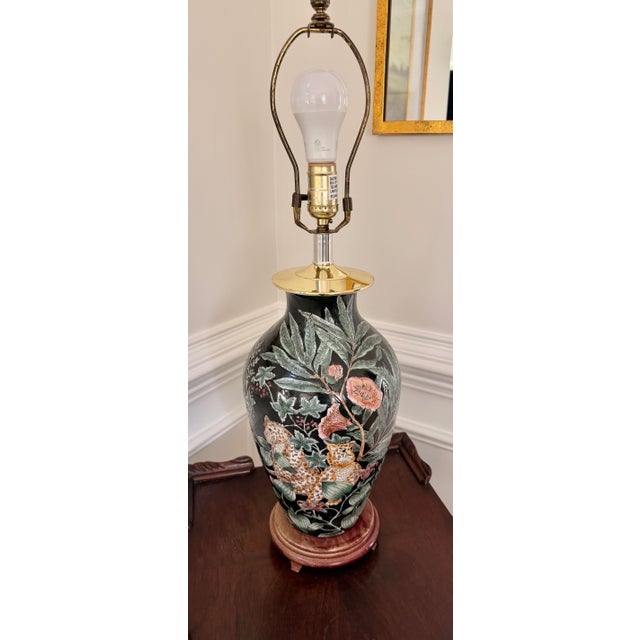 Vintage Chinoiserie Leopard & Botanical Ceramic Table Lamp For Sale In Charleston - Image 6 of 9