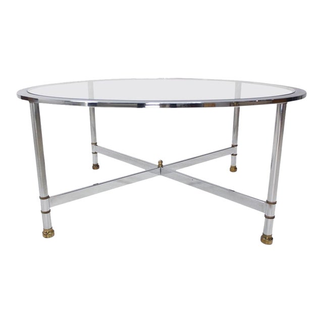 Mid Century Italian Modern Round Chrome & Brass Base Glass Top Coffee Table Mint For Sale