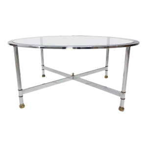 Mid Century Italian Modern Round Chrome & Brass Base Glass Top Coffee Table Mint