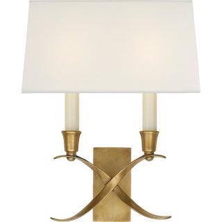 Chapman & Myers for Visual Comfort Signature Cross Bouillotte Small Sconce in Antique-Burnished Brass with Linen Shade For Sale