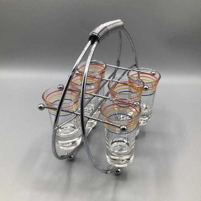 Metal 7 Striped Shot Glasses in Chrome Plated Caddy - Set of 8 For Sale - Image 7 of 13