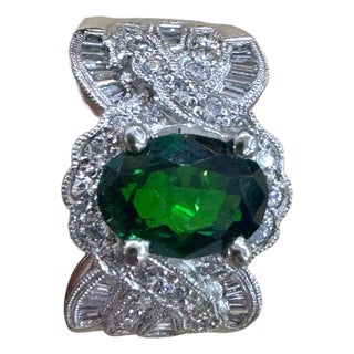 Vintage 3 Carat Oval Tsavorite & 2.2 Carat Diamond Ring , Platinum 16.4Gm Estate For Sale