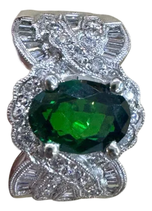 Vintage 3 Carat Oval Tsavorite & 2.2 Carat Diamond Ring , Platinum 16.4Gm Estate