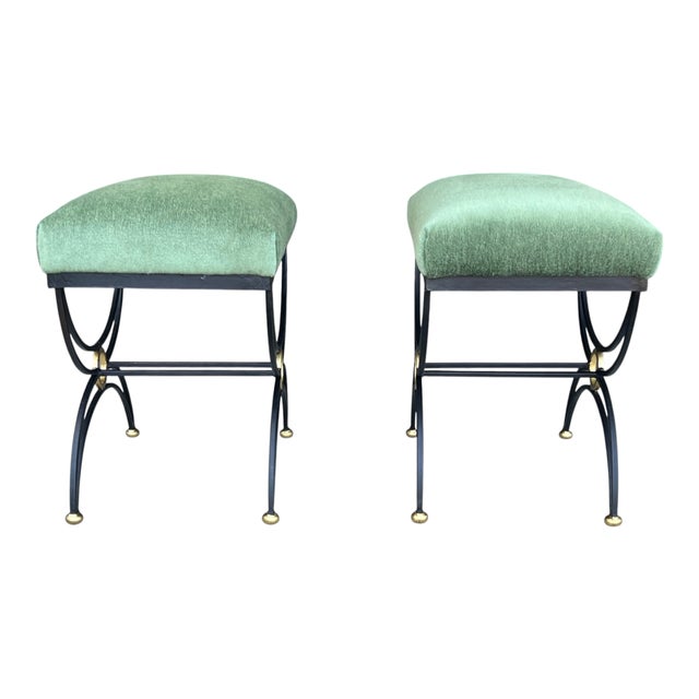 1980s Hand-Forged Sculptural Wrought Iron Accent Benches in Dark Green Mohair- A Pair For Sale - Image 4 of 13
