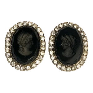 1950s Signed Hobé Cameo Intaglio Onyx and Rhinestone Earrings - a Pair
