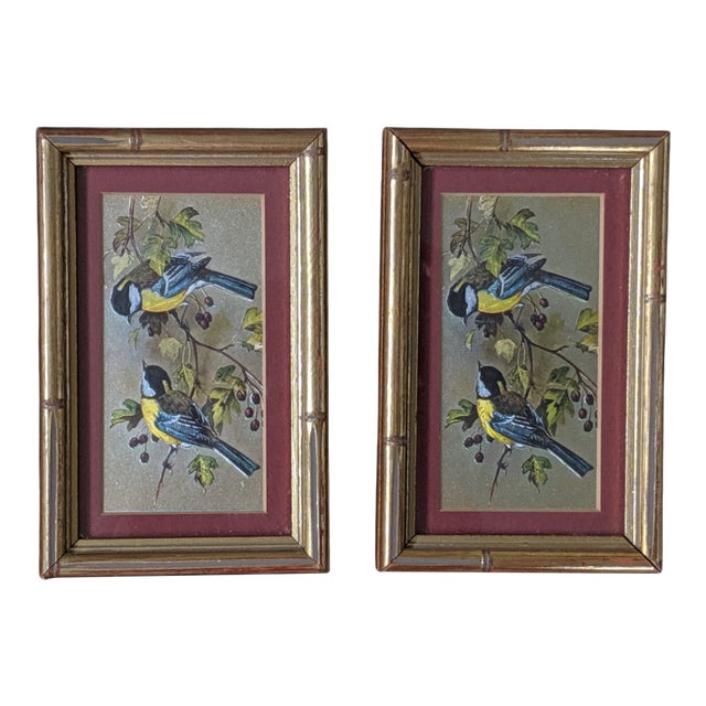 Vintage Bird and Botanical Art in Giltwood Faux Bamboo Frames- A Pair For Sale