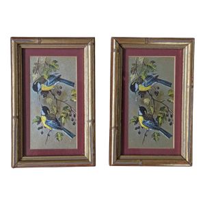 Vintage Bird and Botanical Art in Giltwood Faux Bamboo Frames- A Pair