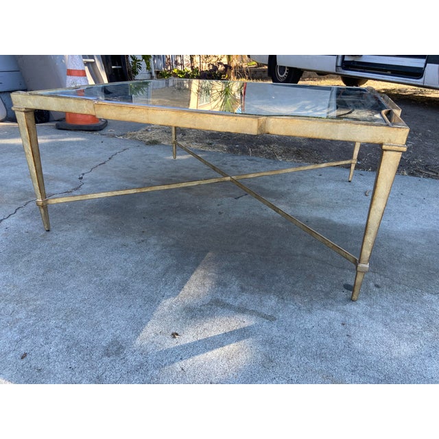 Vintage Louis XVI Style Wrought Iron and Antiqued Mirror Glass Top Coffee Table For Sale - Image 10 of 18