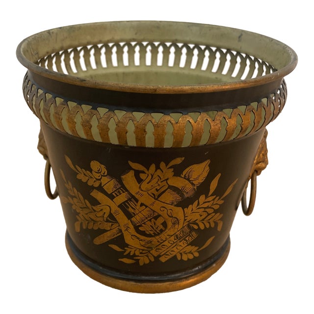 Vintage French Neoclassical-Style Black and Gold Tole Cachepot For Sale