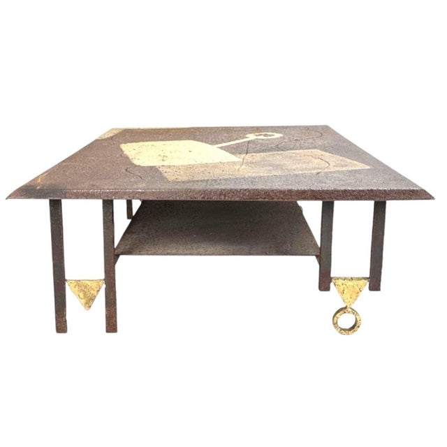 1990's brutalist French patinated metal coffee table by French artist Jean-Jacques Argueyrolles (1954-). Cast iron, welded...