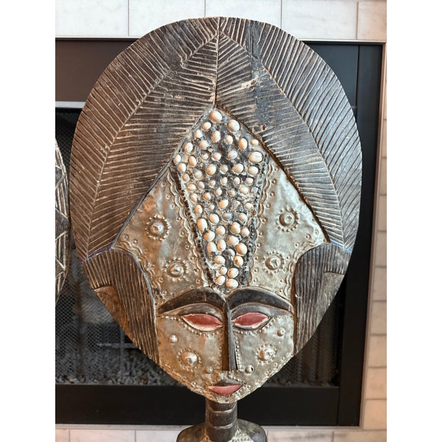 Mid 20th Century Monumental Hand-Carved West African Figural Sculptures With Cowrie & Textile Masks — Pair For Sale - Image 5 of 15