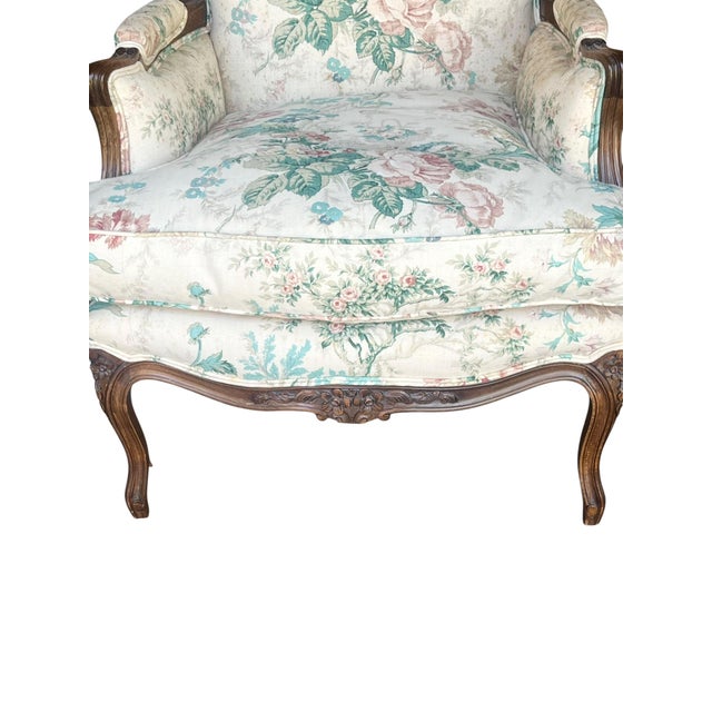 Pink Vintage Pair of Louis XV Style Floral Upholstered Bergère Accent Chairs in English Traditional Style For Sale - Image 8 of 18