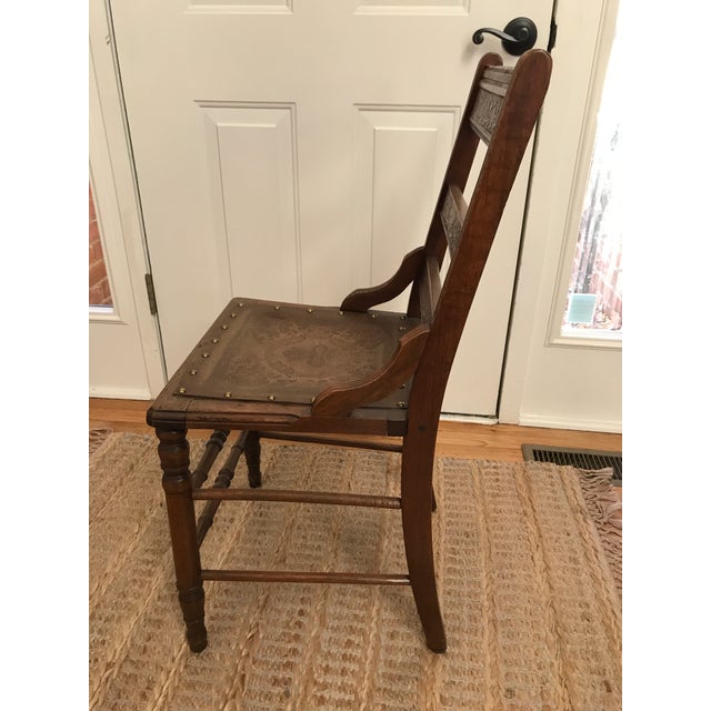 Antique Leather Seat Dogwood Tulip Daisy Carved Wood Side Chair