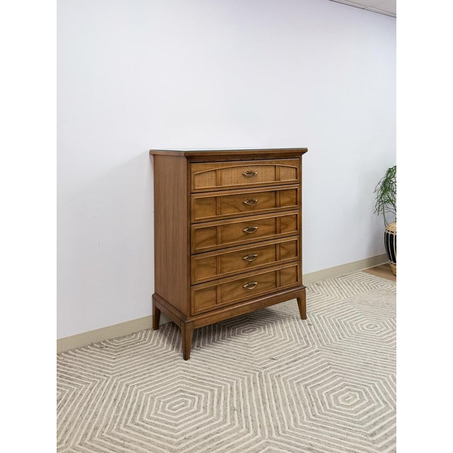 Mid-Century Modern Dixie MCM Tallboy Dresser Woven Drawer Fronts Brass Pulls Vintage Furniture For Sale - Image 3 of 11