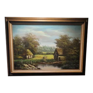 Mid Century Oil Painting European Landscape Cottage Signed R. Chinn, Dated 1977 Framed