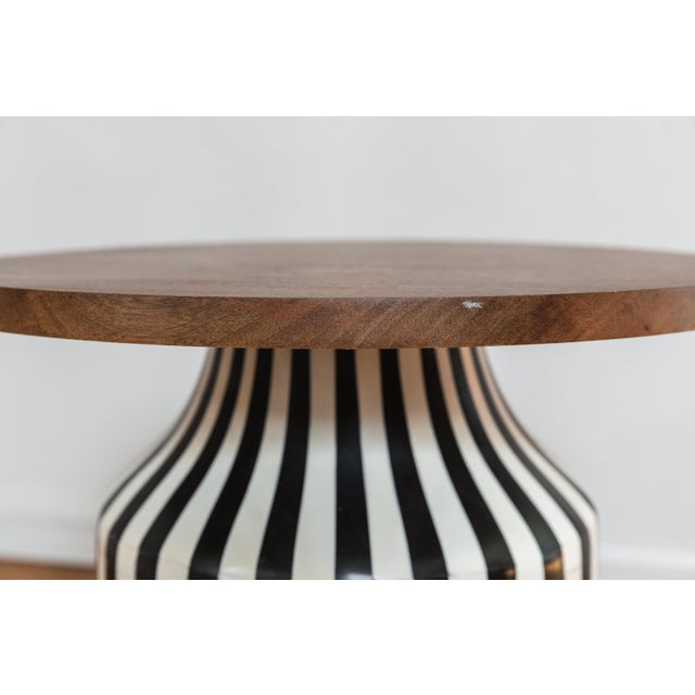 Black and White Striped Ceramic Side Table With Wooden Base | Chairish