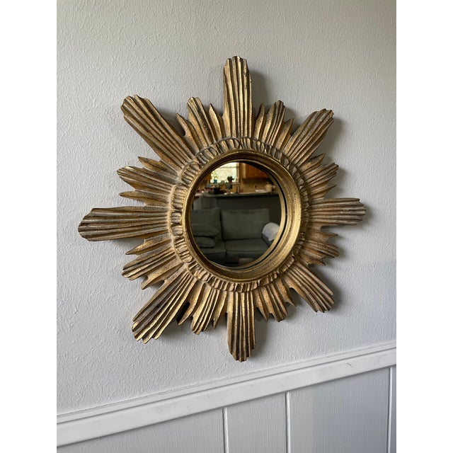 Vintage 16.5" Mid Century Creamy Giltwood Sunburst Wall Mirror For Sale - Image 14 of 16