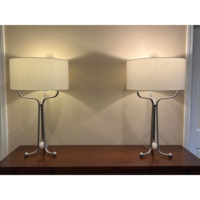 Baker's Larimar Table Lamp, Satin Nickel Finish & Alabaster With White Linen Drum Shade For Sale - Image 18 of 18