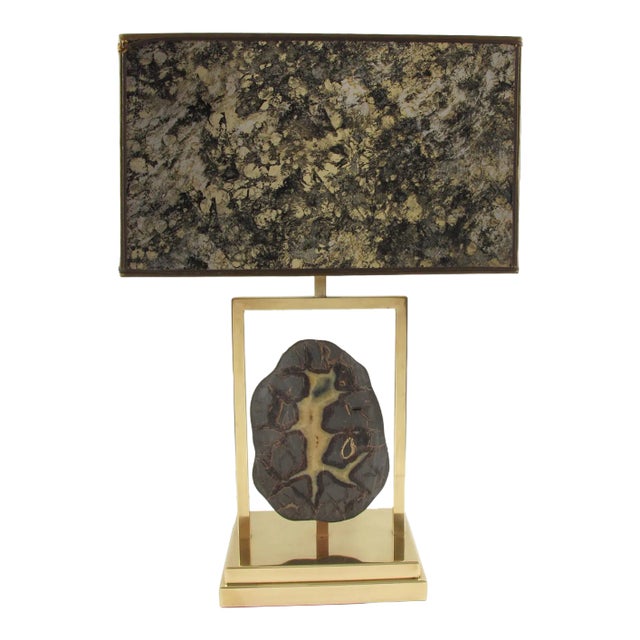 Willy Daro Brass and Geode Stone Table Lamp, 1970s For Sale