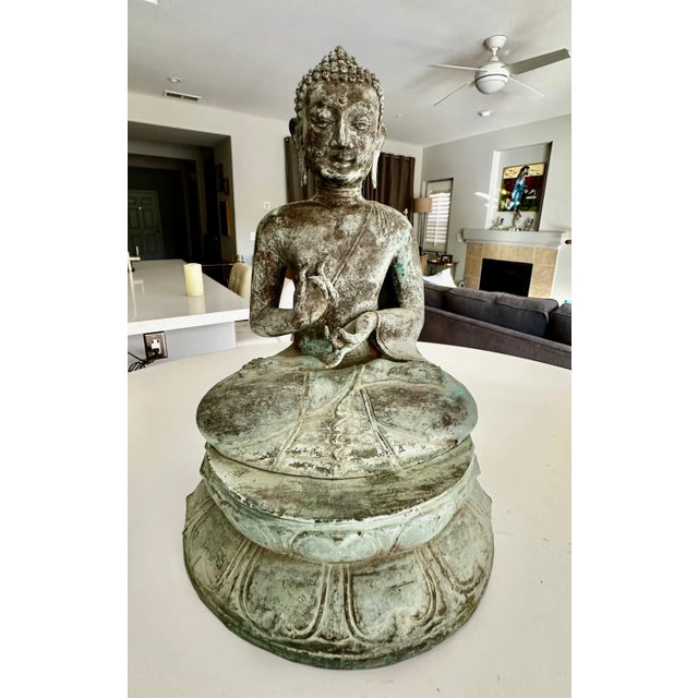 Traditional Asian Burmese Gandhara Style Patinated Bronze Seated Buddha For Sale - Image 3 of 12