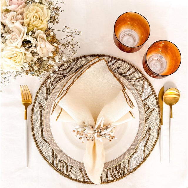 Contemporary Linen Napkins With Gold Ruffled Edges, Set of 4 For Sale - Image 3 of 12