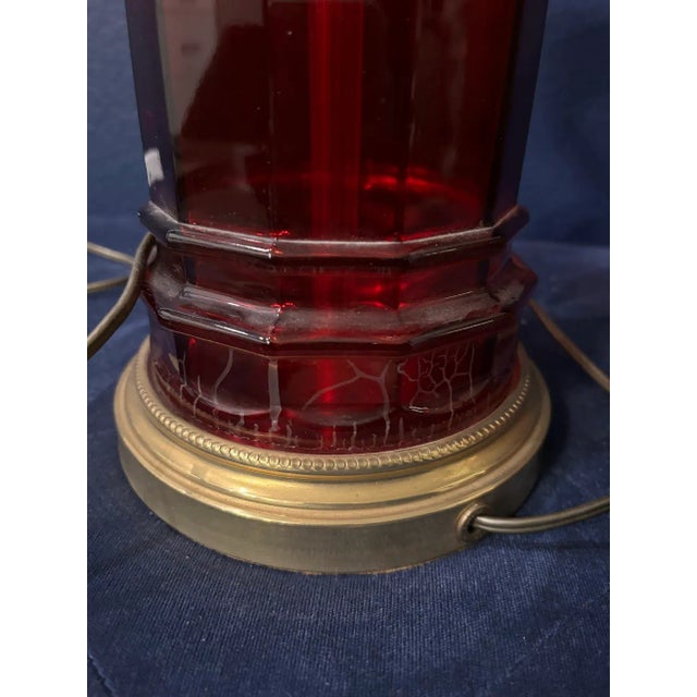 Metal 1940s Paul Hanson Red Glass Brass Table Lamp For Sale - Image 7 of 11