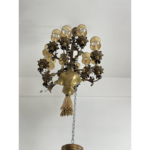 French 10-Light Chandeliers in Wrought Iron and Brass, 1980s, Set of 2 For Sale - Image 4 of 11