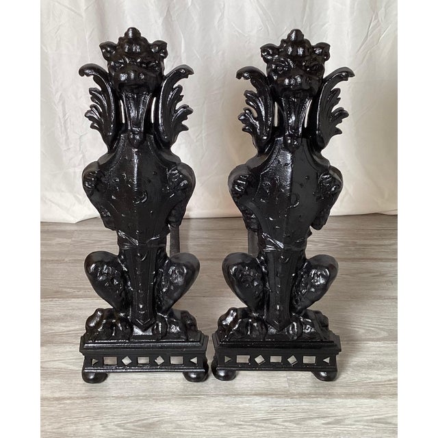 Gothic Circa 1900 Pair Of Lion Motif Andirons For Sale - Image 3 of 9