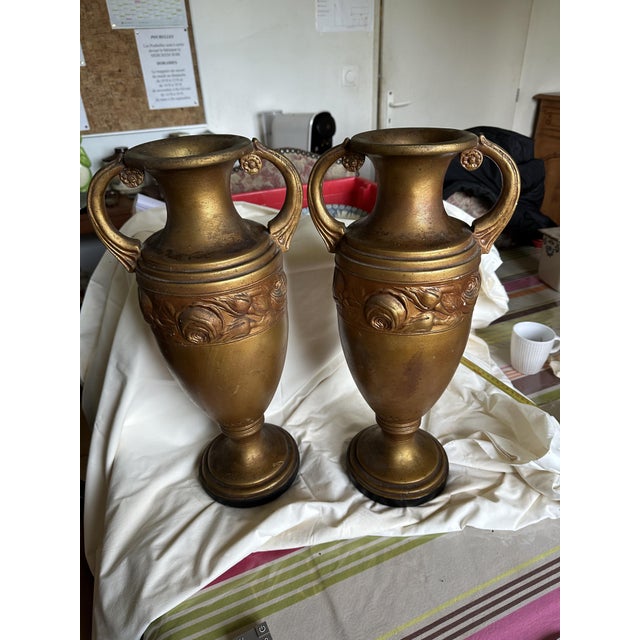 Bronze-Colored Plaster Amphoras, Set of 2, in Very Good conditions. Designed before 1890